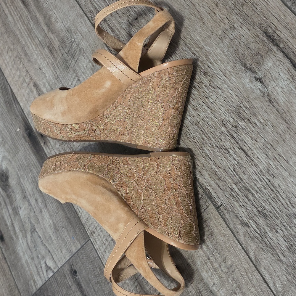 Antonio Melani Camel Tan Suede Leather Lace Wedge Heels Shoes - Picture 6 of 12